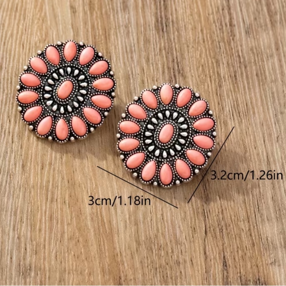 Coral Pink Floral Round Bohemian Style Statement Earrings Western Jewelry NWT - Picture 3 of 5